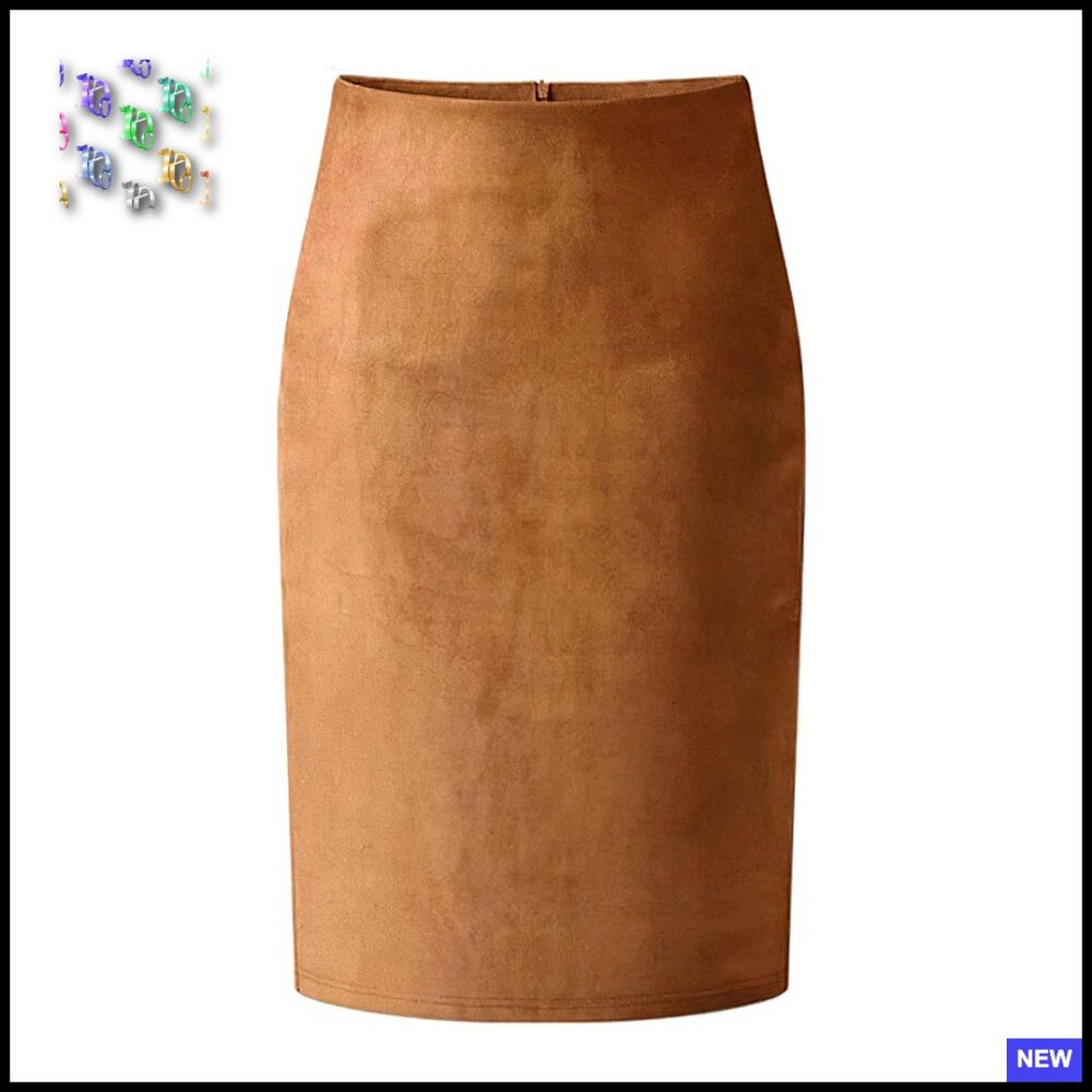 Faux Suede Midi Pencil Skirt High Waist Slim Fit Back Slit Office Chic